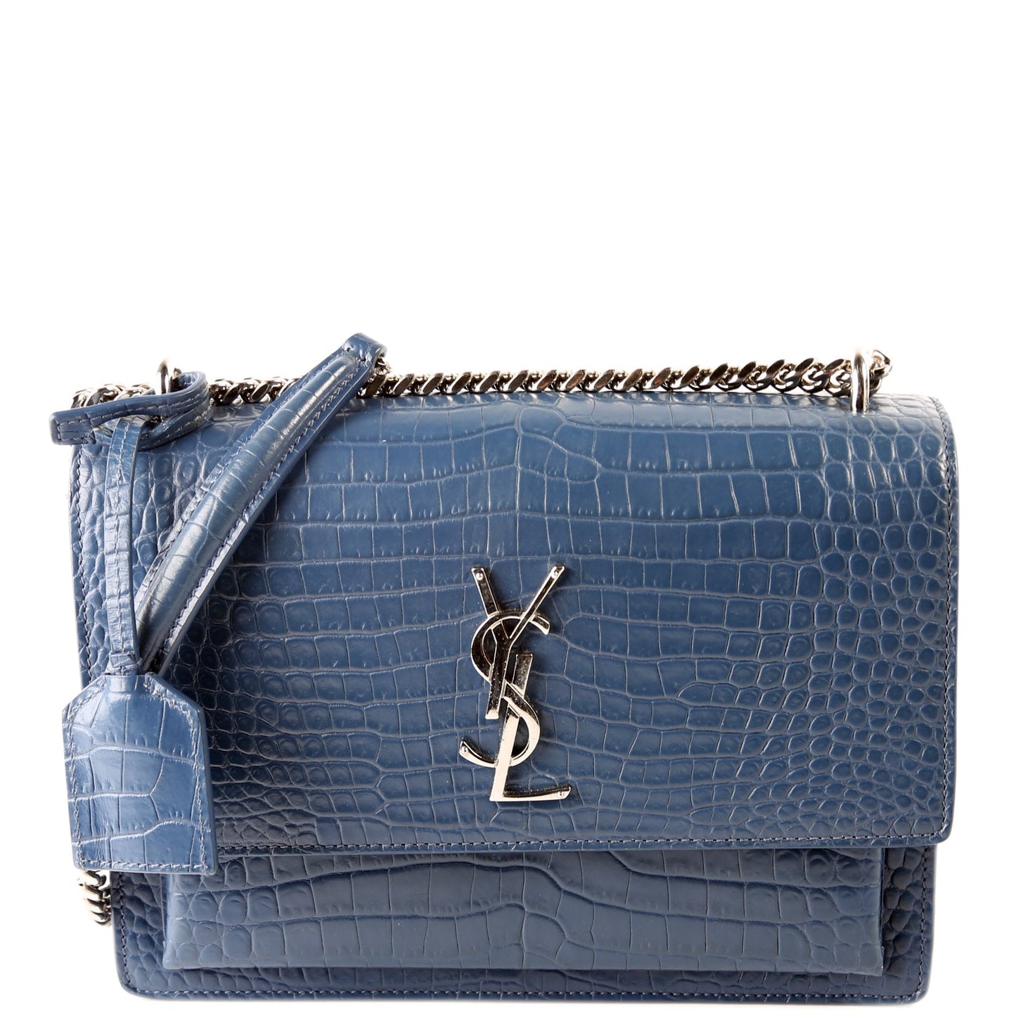 Saint Laurent Sunset Medium Crocodile Embossed Blue Bag