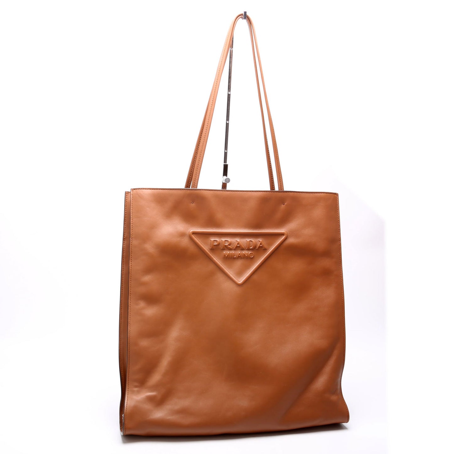 Prada Soft Calfskin Triangle Logo Shopper Tote Brown Bag