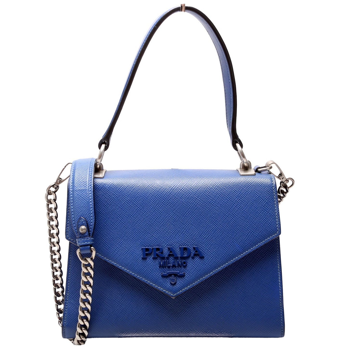 Prada 1BA186 Saffiano Monochrome Logo Top Handle Blue Bag
