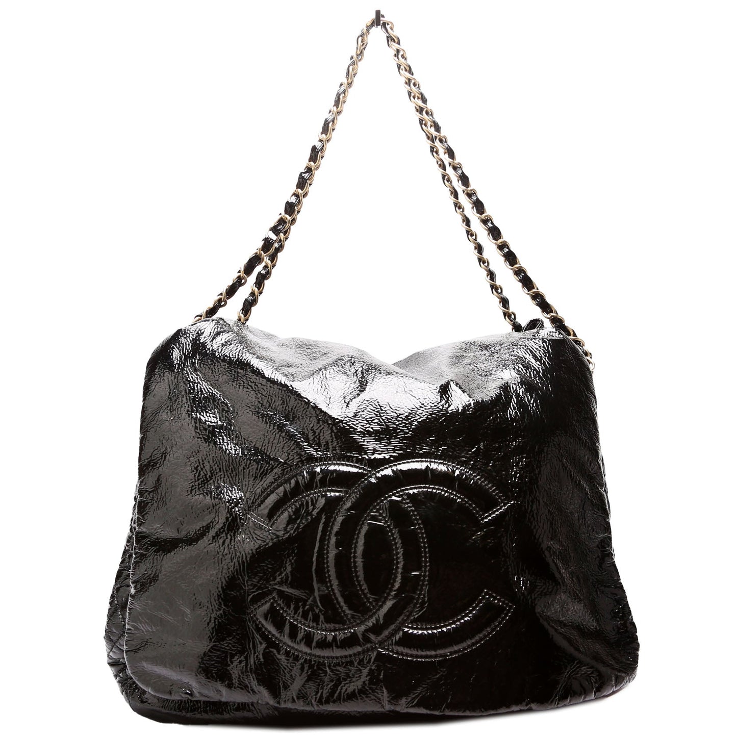 Chanel Rock & Chain Flap Accordion Crinkled Patent 11M Black Bag