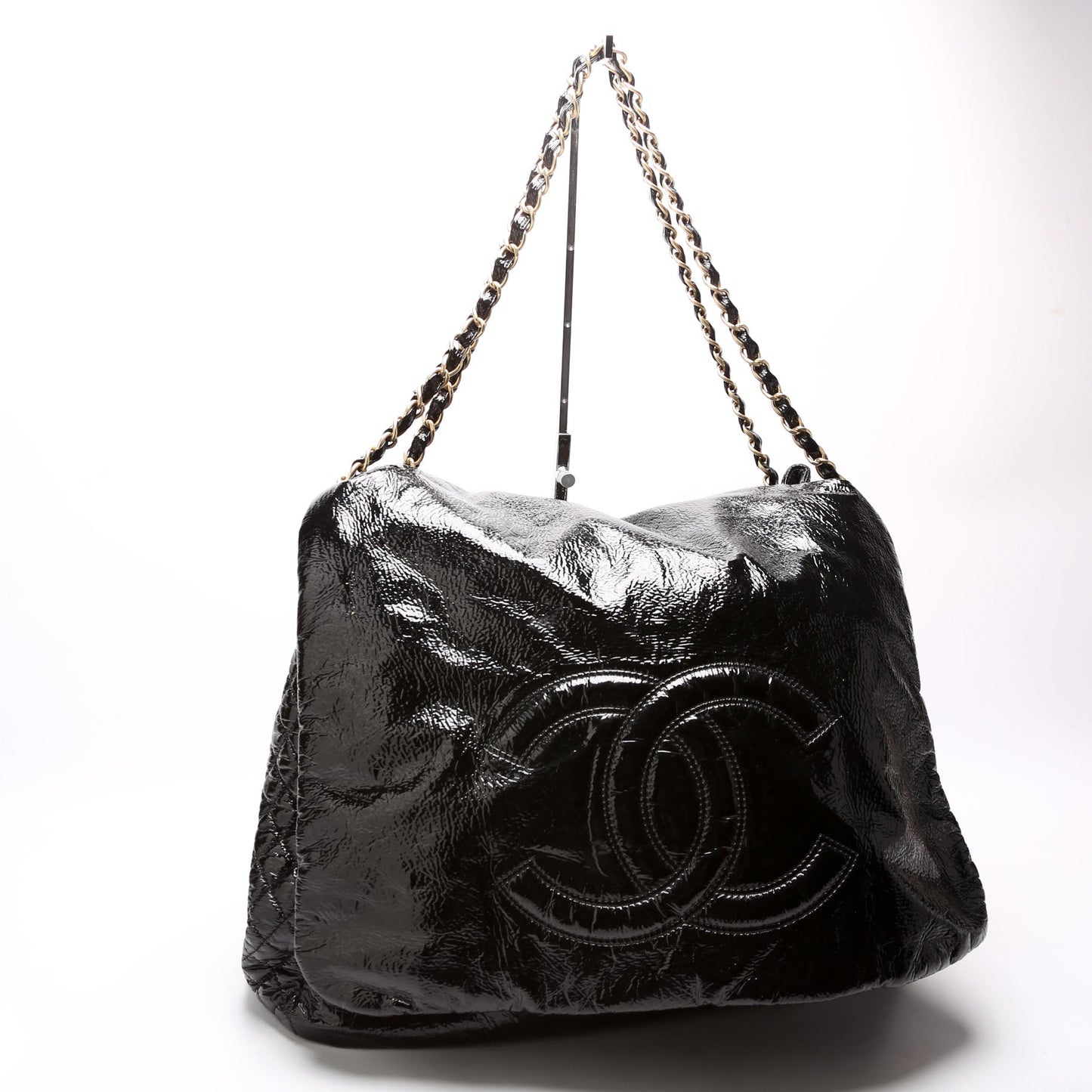 Chanel Rock & Chain Flap Accordion Crinkled Patent 11M Black Bag