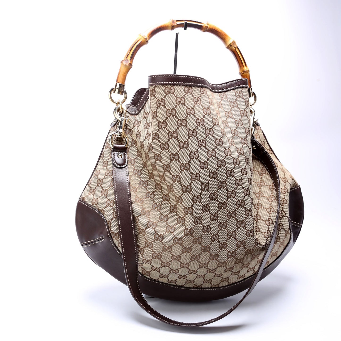 Gucci 169976 GG Canvas Peggy Bamboo Hobo Brown Bag