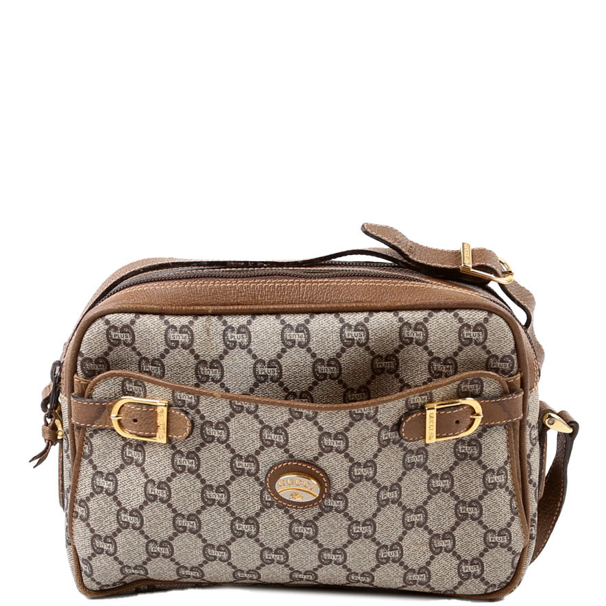 Gucci GG Plus Double Zip Shoulder   Brown Bag
