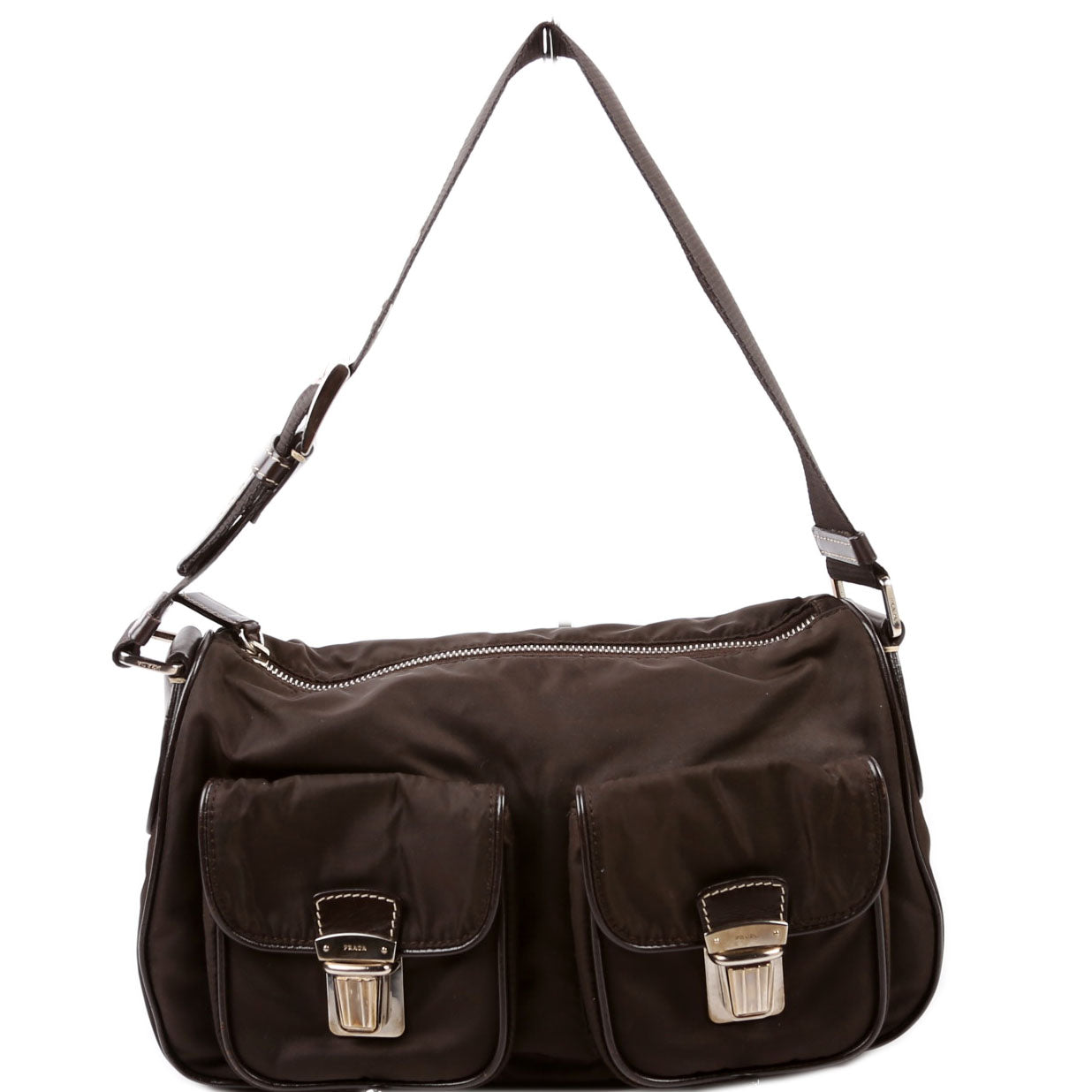 Prada Nylon Double Pocket Shoulder   Brown Bag