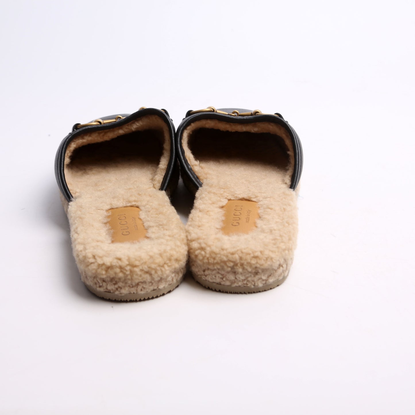 Gucci Fria Horsebit Shearling Mules Size . Black