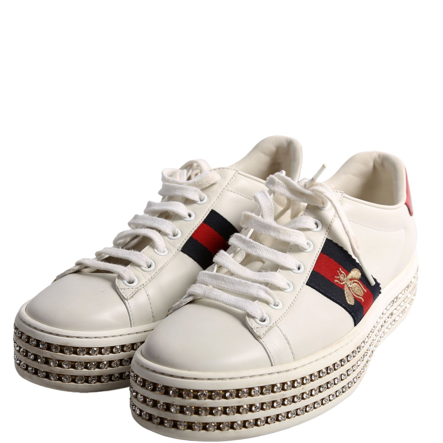 Gucci Ace Web Bee Crystal Platform Sneakers Size . White/Navy