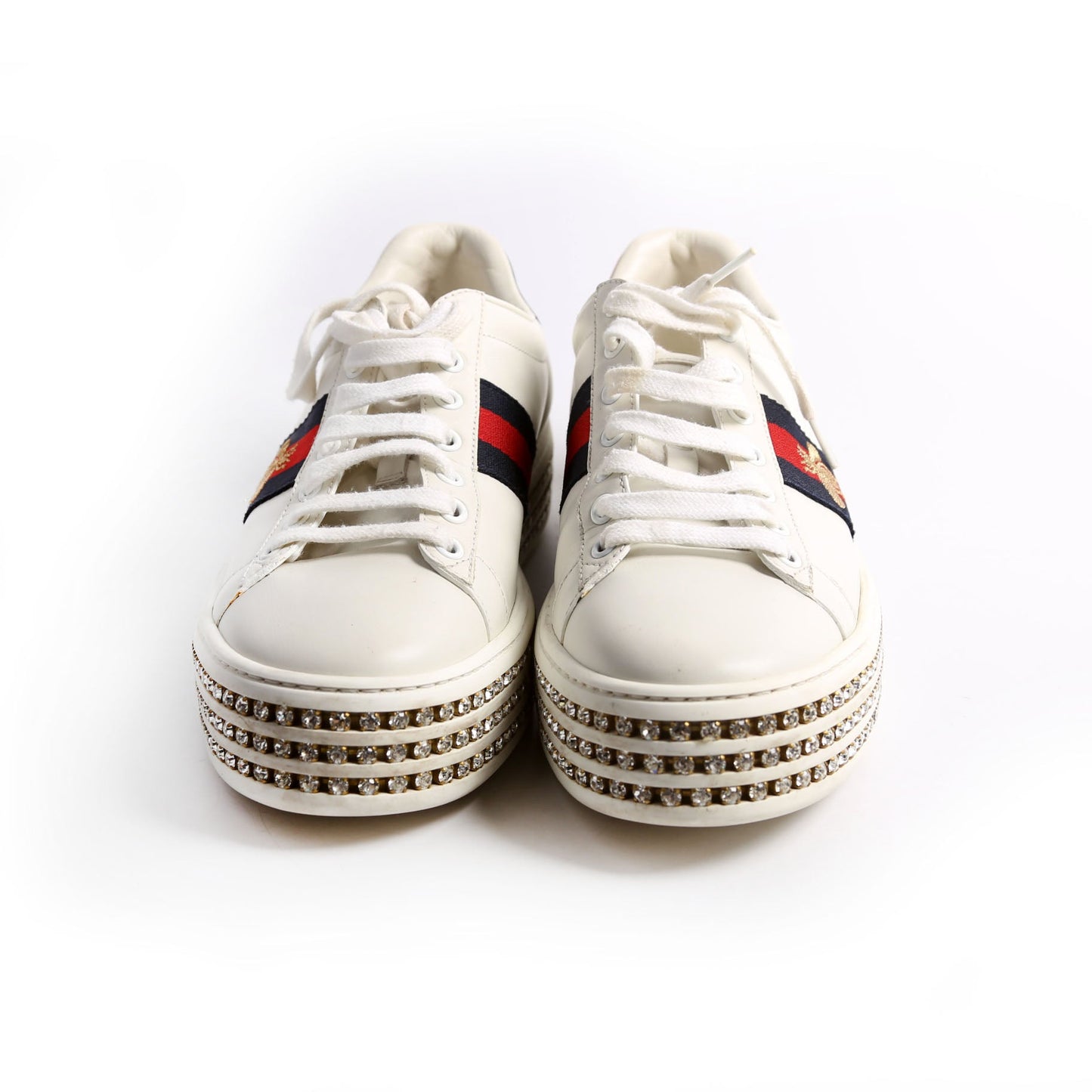 Gucci Ace Web Bee Crystal Platform Sneakers Size . White/Navy