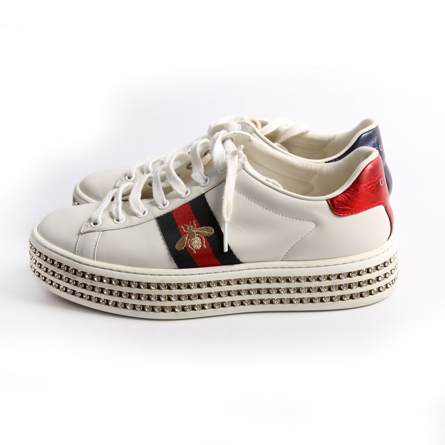 Gucci Ace Web Bee Crystal Platform Sneakers Size . White/Navy