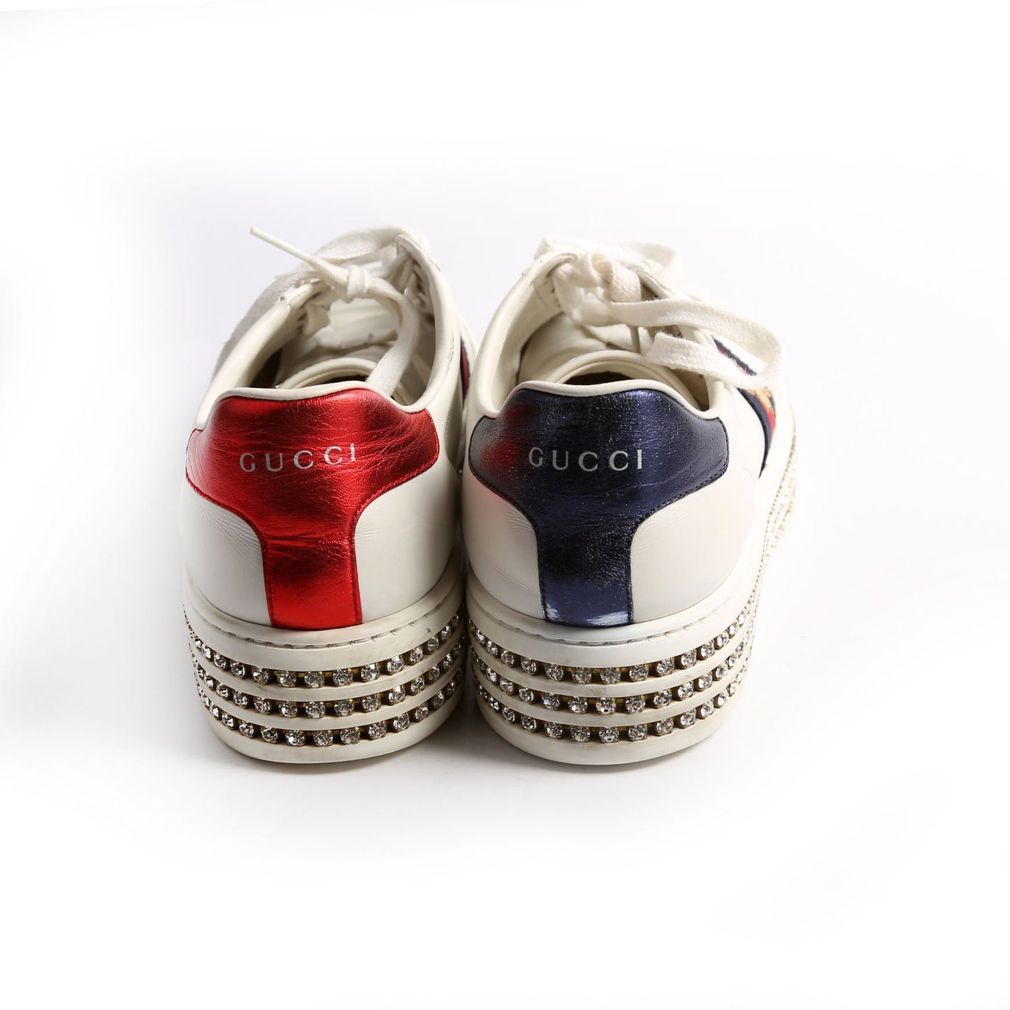 Gucci Ace Web Bee Crystal Platform Sneakers Size . White/Navy