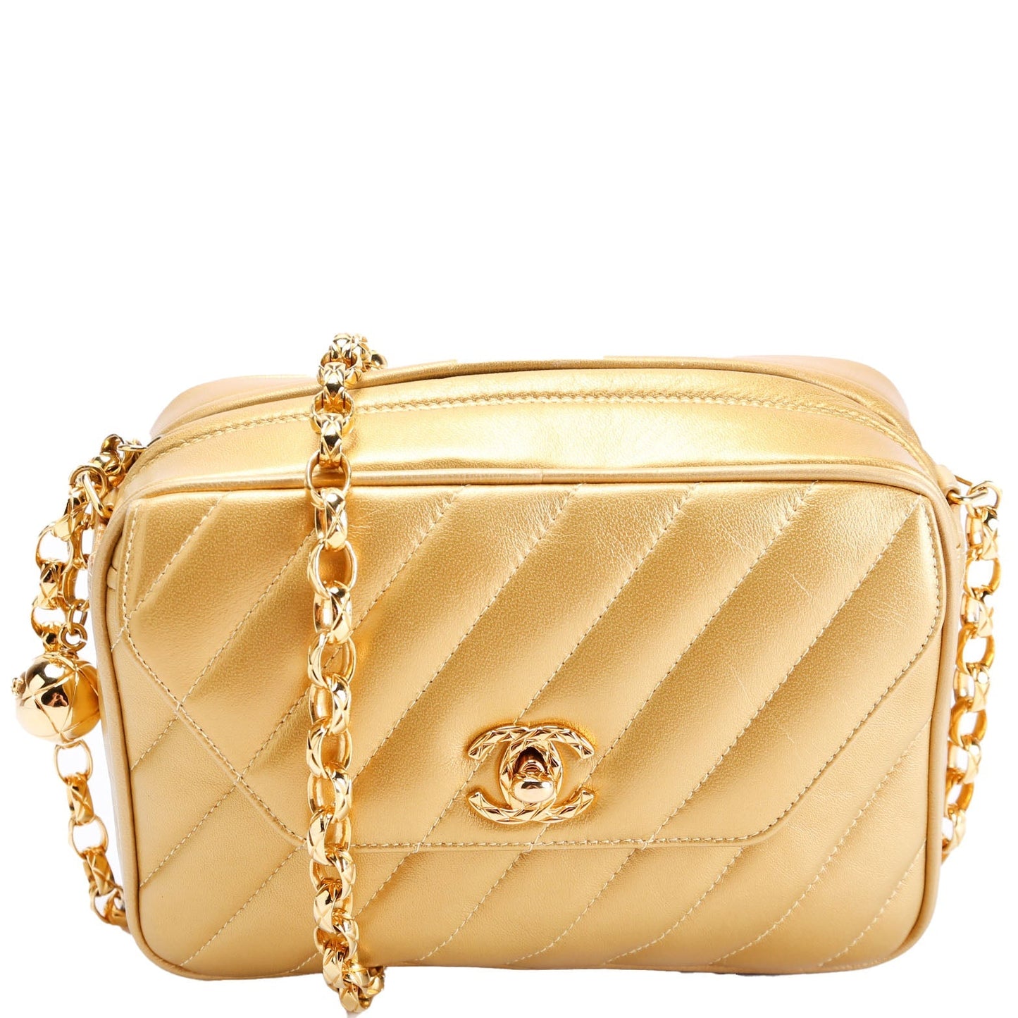 Chanel Camera Small Diagonal Quilted Metallic Lambskin 2M   Gold Bag