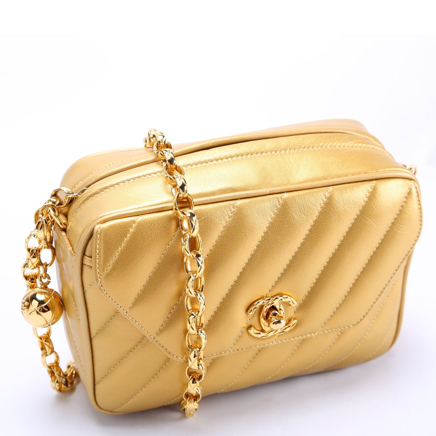 Chanel Camera Small Diagonal Quilted Metallic Lambskin 2M   Gold Bag