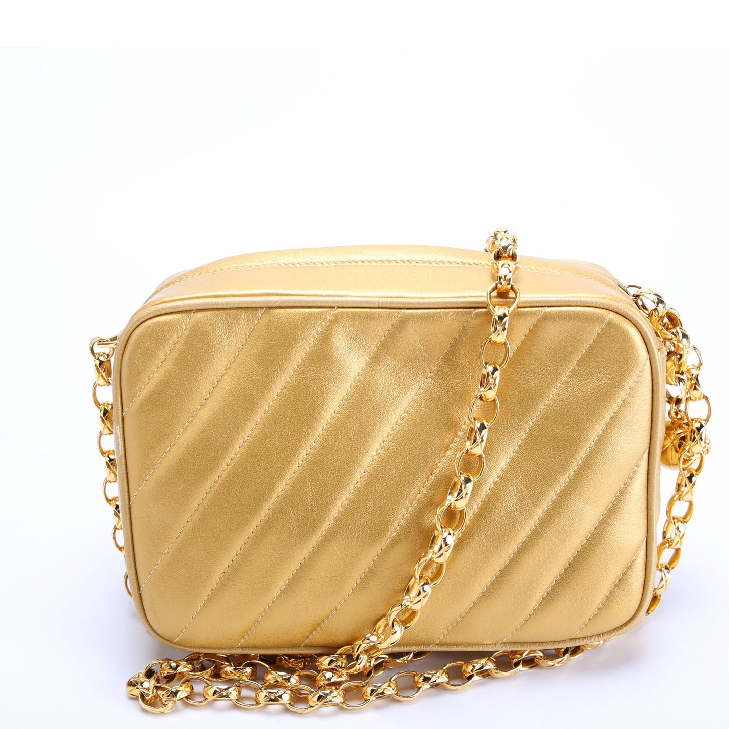 Chanel Camera Small Diagonal Quilted Metallic Lambskin 2M   Gold Bag