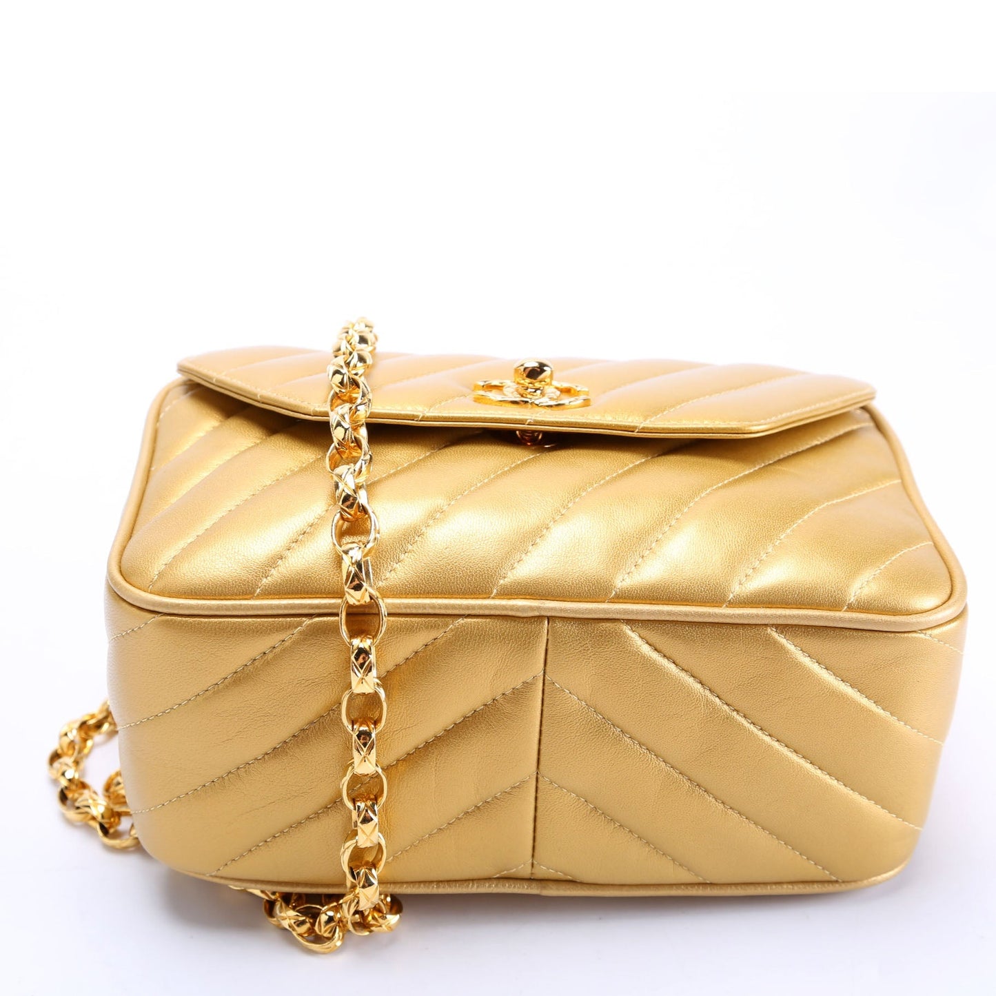 Chanel Camera Small Diagonal Quilted Metallic Lambskin 2M   Gold Bag