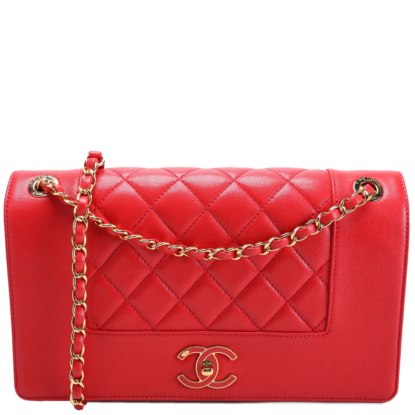Chanel Mademoiselle   Flap Quilted Shiny Sheepskin Red/Gold Bag