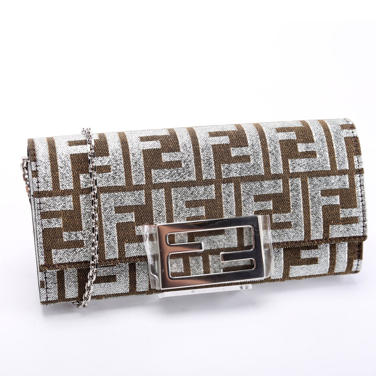 Fendi 8M3065 FF Jacquard 1974 Continental Wallet On Chain Brown/Silver Bag