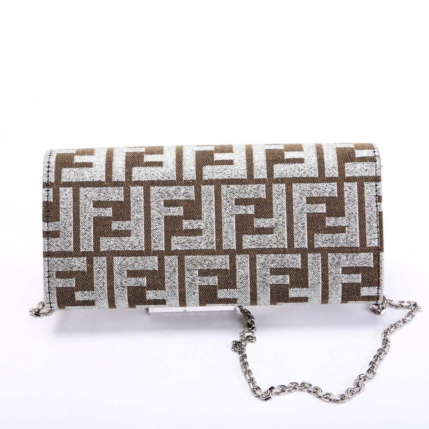 Fendi 8M3065 FF Jacquard 1974 Continental Wallet On Chain Brown/Silver Bag