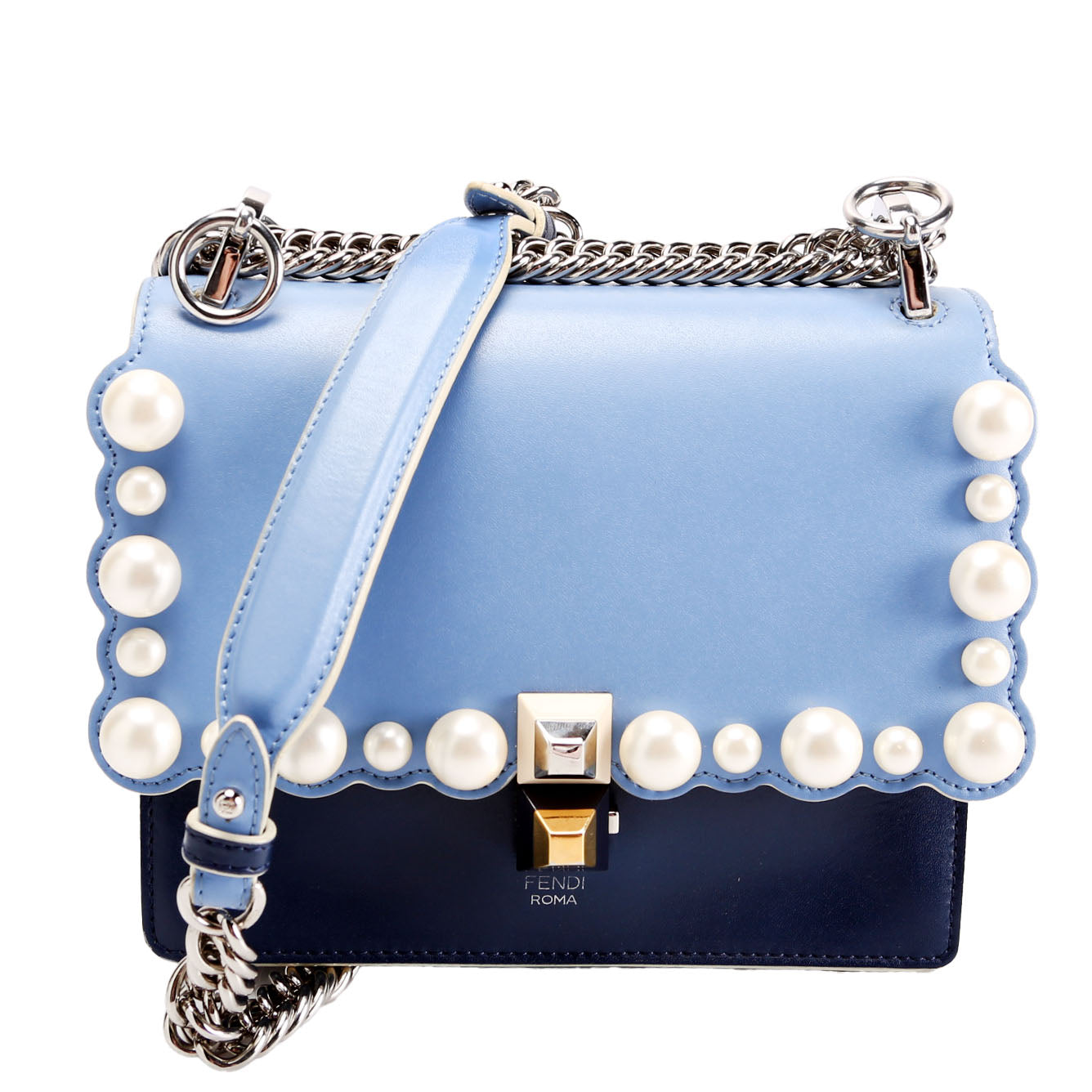 Fendi 8M0381 Kan I Scalloped Leather/Pearls Small Blue Bag