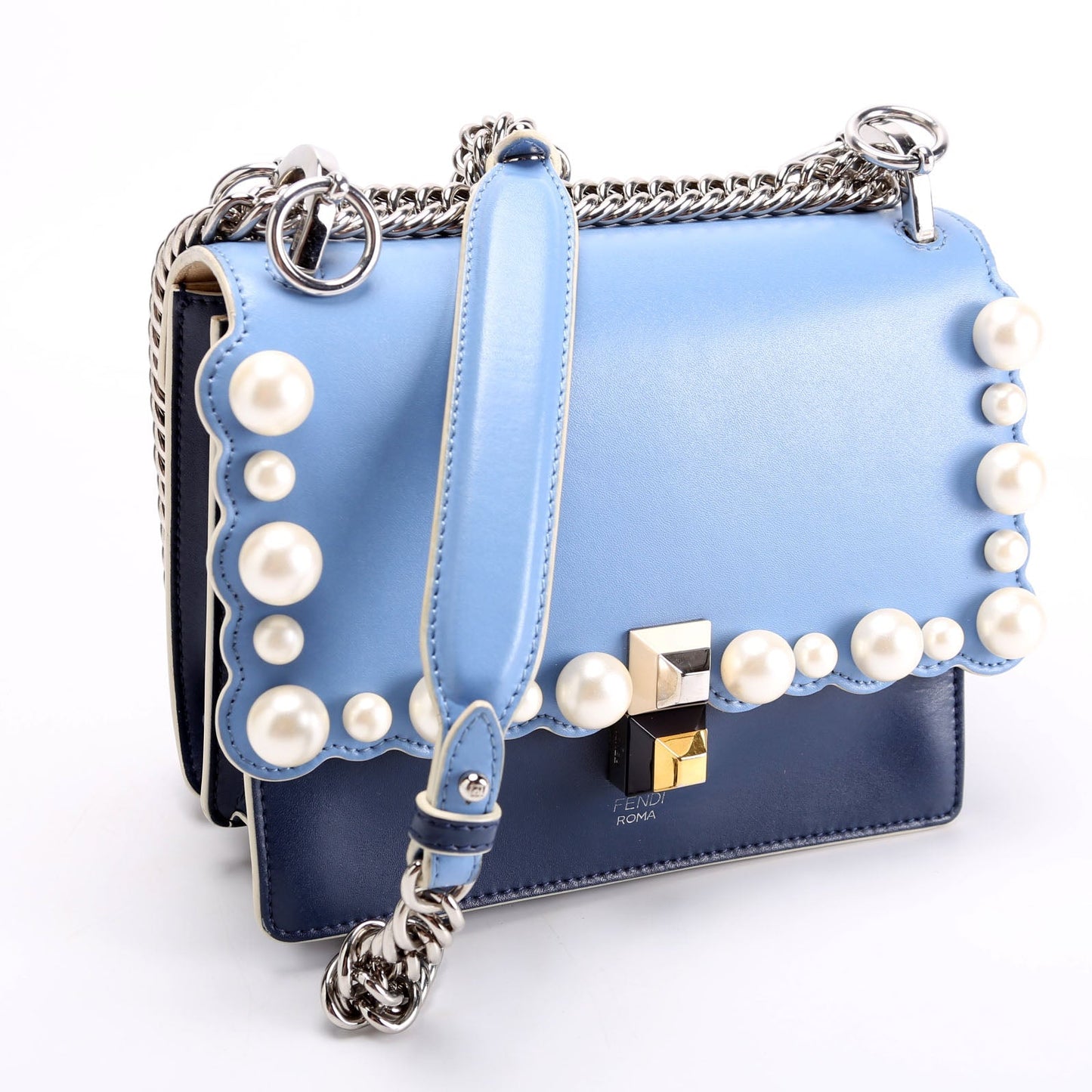 Fendi 8M0381 Kan I Scalloped Leather/Pearls Small Blue Bag