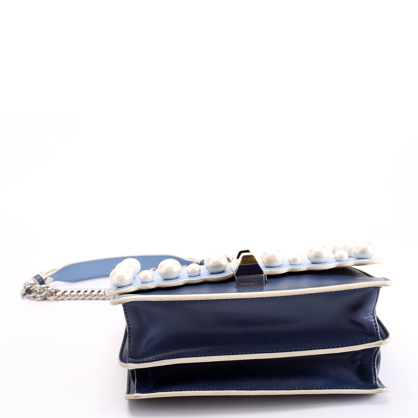 Fendi 8M0381 Kan I Scalloped Leather/Pearls Small Blue Bag