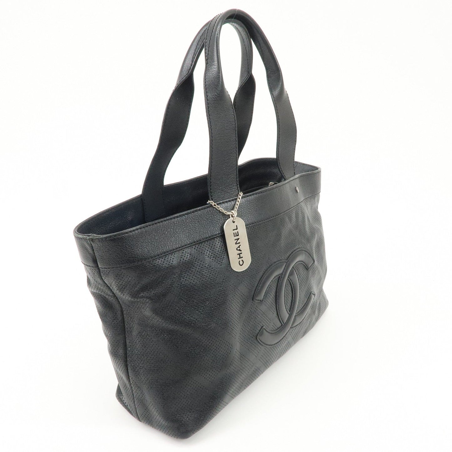 CHANEL COCO Mark Calf Leather Punching Tote Bag Black A33936  d
