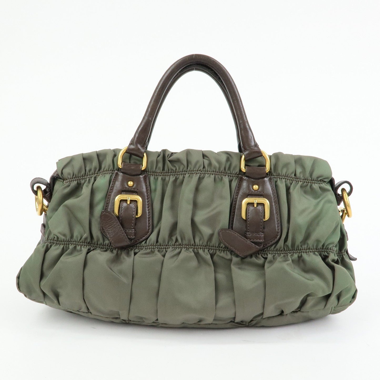 PRADA Nylon Leather Gathered 2Way Bag Hand Bag Khaki BN1407