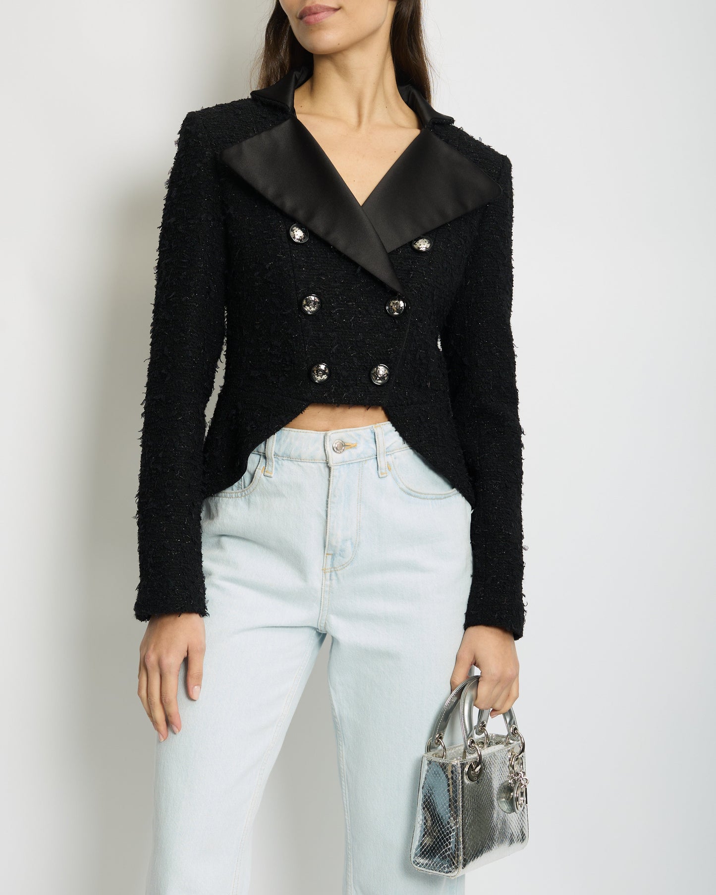 *HOT* Chanel 19/K Black Metallic Tweed Cropped Blazer with Satin Collar and Snowflake Buttons Details Size FR 38 (UK 10) RRP £5,800