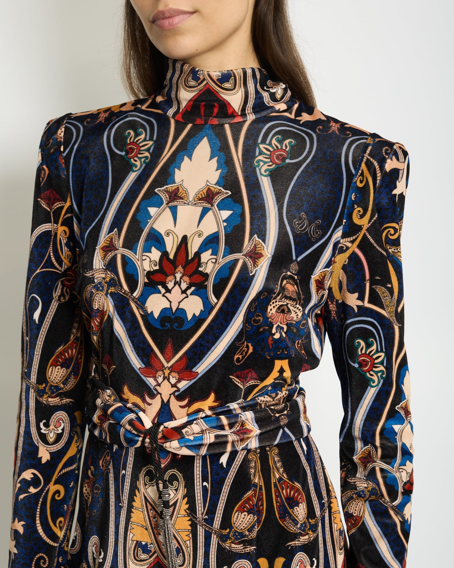 Dundas Velvet & Lace Paisley Print Long Sleeve Dress with Front Belt Detail IT 42 (UK 10)