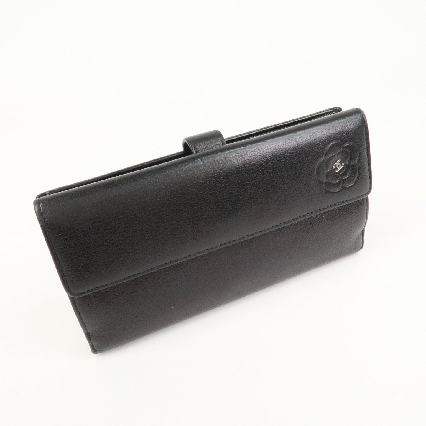 CHANEL Camellia COCO Mark Leather Bi-fold Long Wallet Black