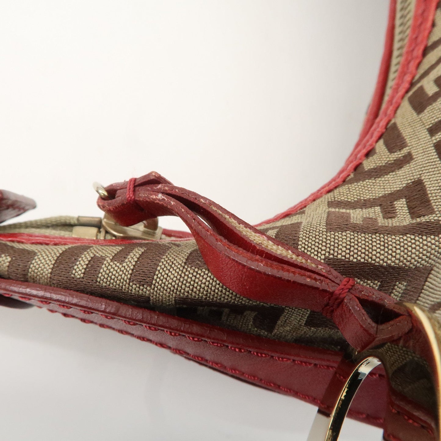 FENDI Zucchino Canvas Leather Shoulder Bag Khaki Brown Red 8BR465  d