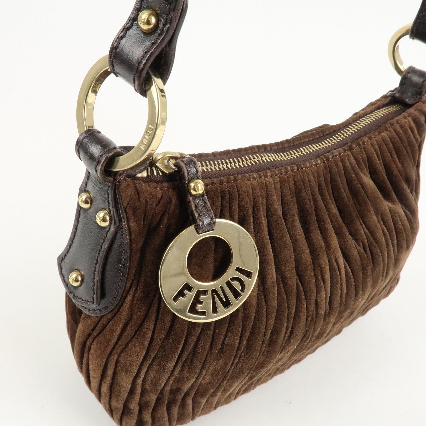 FENDI Suede Leather Gathered Shoulder Bag Dark Brown 8BR454  d