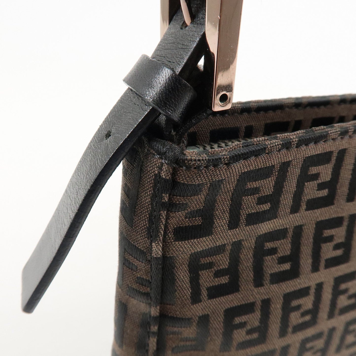 FENDI Zucchino Canvas Leather Shoulder Bag Dark Brown Black 8BR042  d