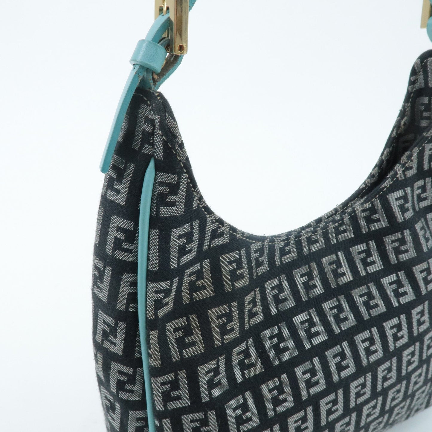 FENDI Zucchino Canvas Leather Shoulder Bag Black White Blue 8BR158  d