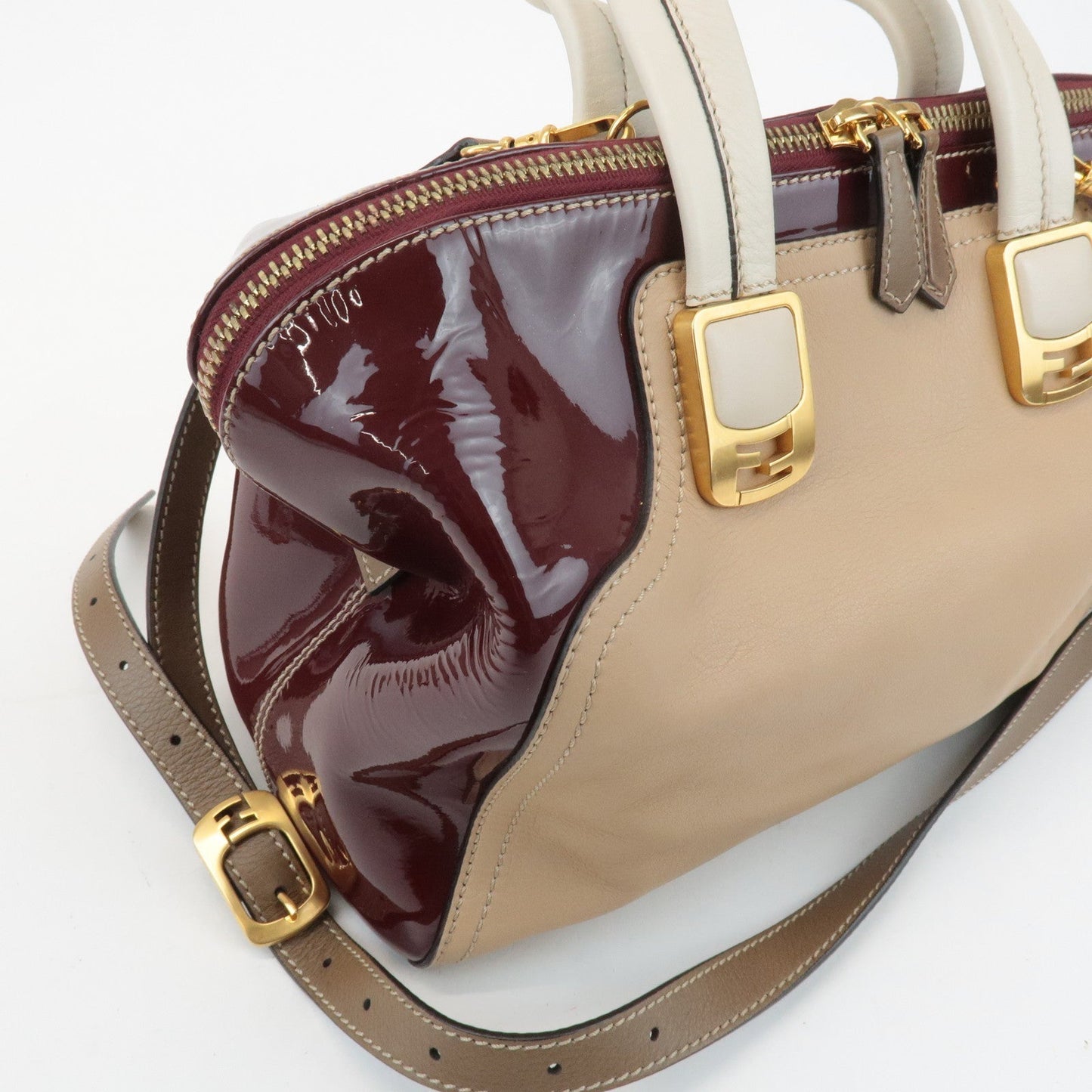 FENDI Chameleon Leather 2WAY Bag Hand Bag Beige Bordeaux 8BL114  d
