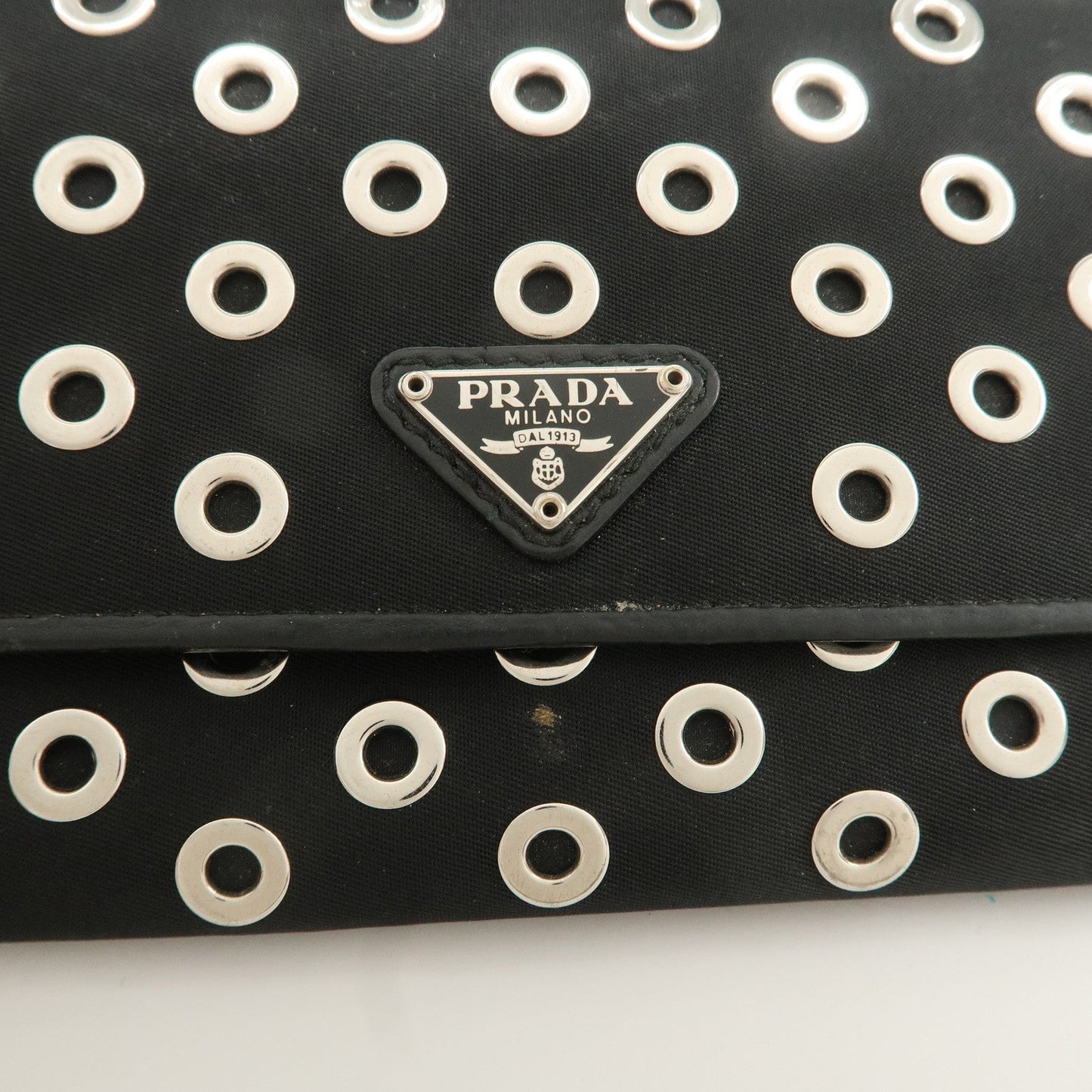PRADA Grommet Nylon Leather Chain Long Wallet Black Silver HDW  d