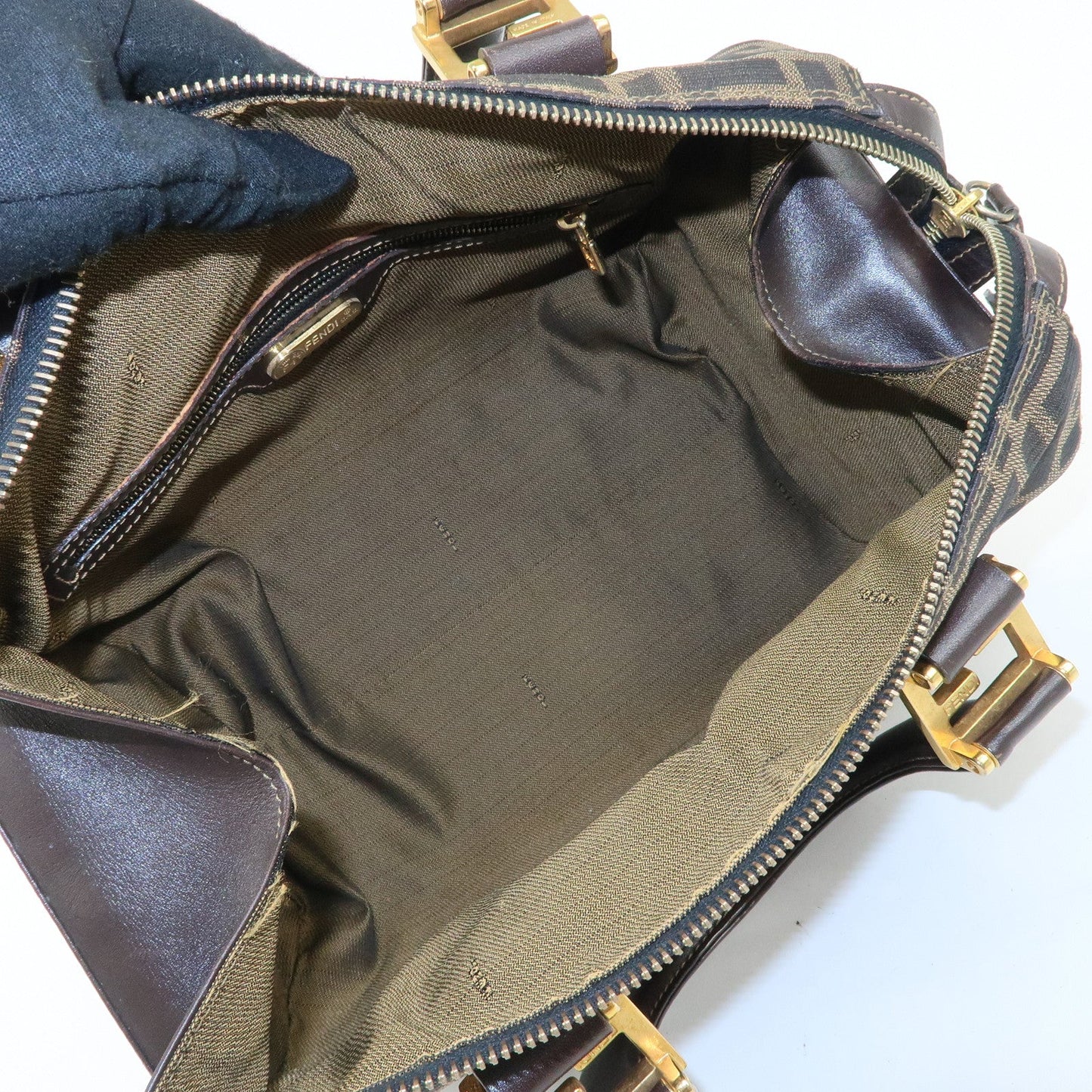 FENDI Zucca Canvas Leather Hand Bag Brown Black  d