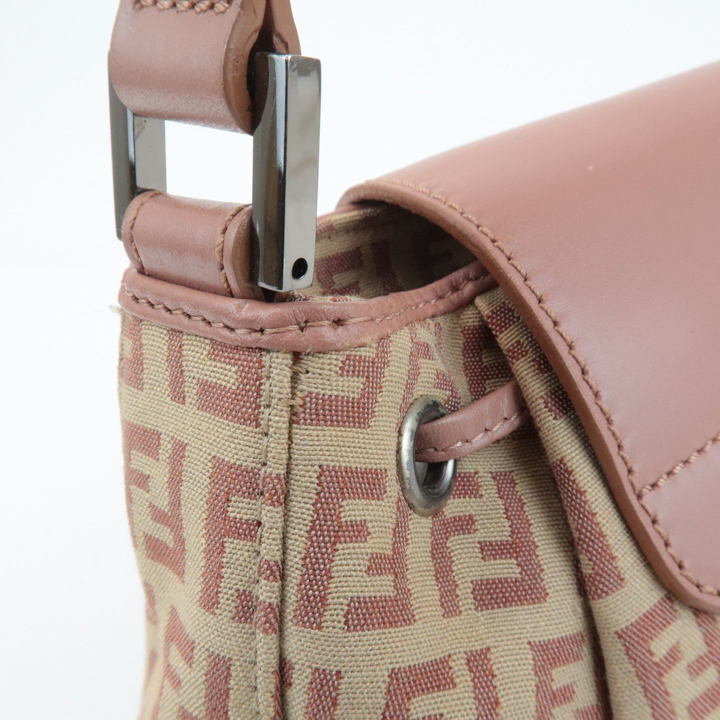 FENDI Zucchino Canvas Leather Shoulder Bag Beige Pink 8BR282  d