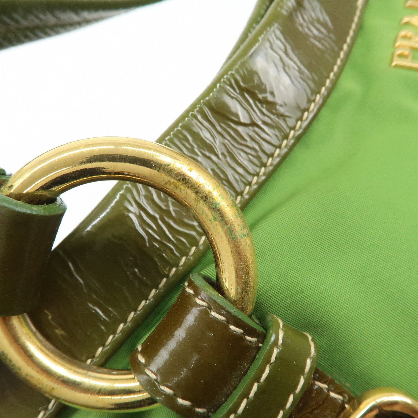 PRADA Nylon Patent Leather Tote Bag Shoulder Bag Green Khaki  d