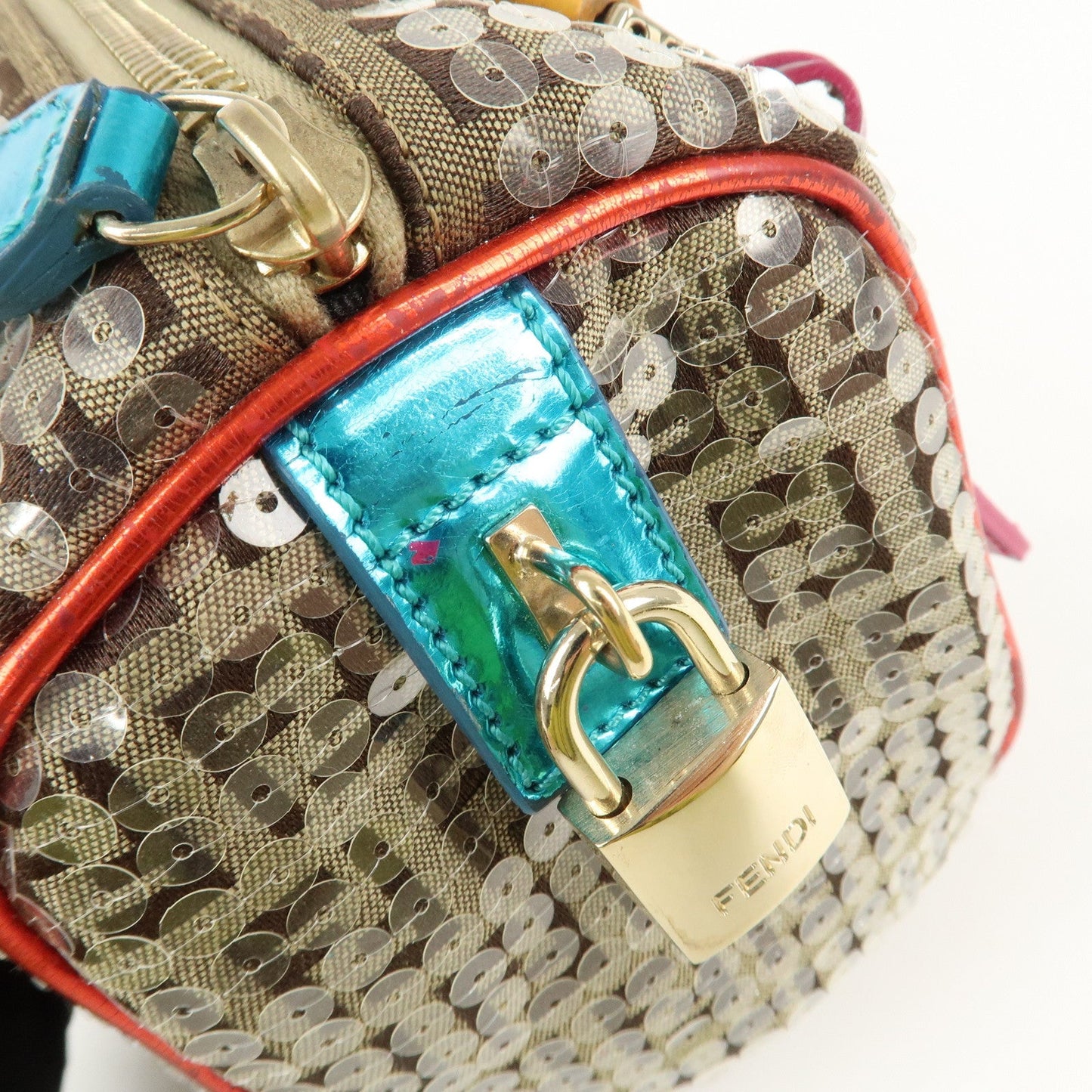 FENDI Zucchino Flip Sequin Canvas Patent Leather Boston Bag 8BL071  d