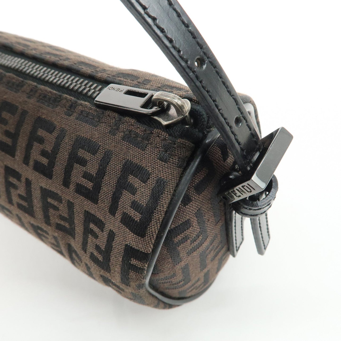 FENDI Zucchino Canvas Leather Pouch Hand Bag Black Brown 7N0016  d
