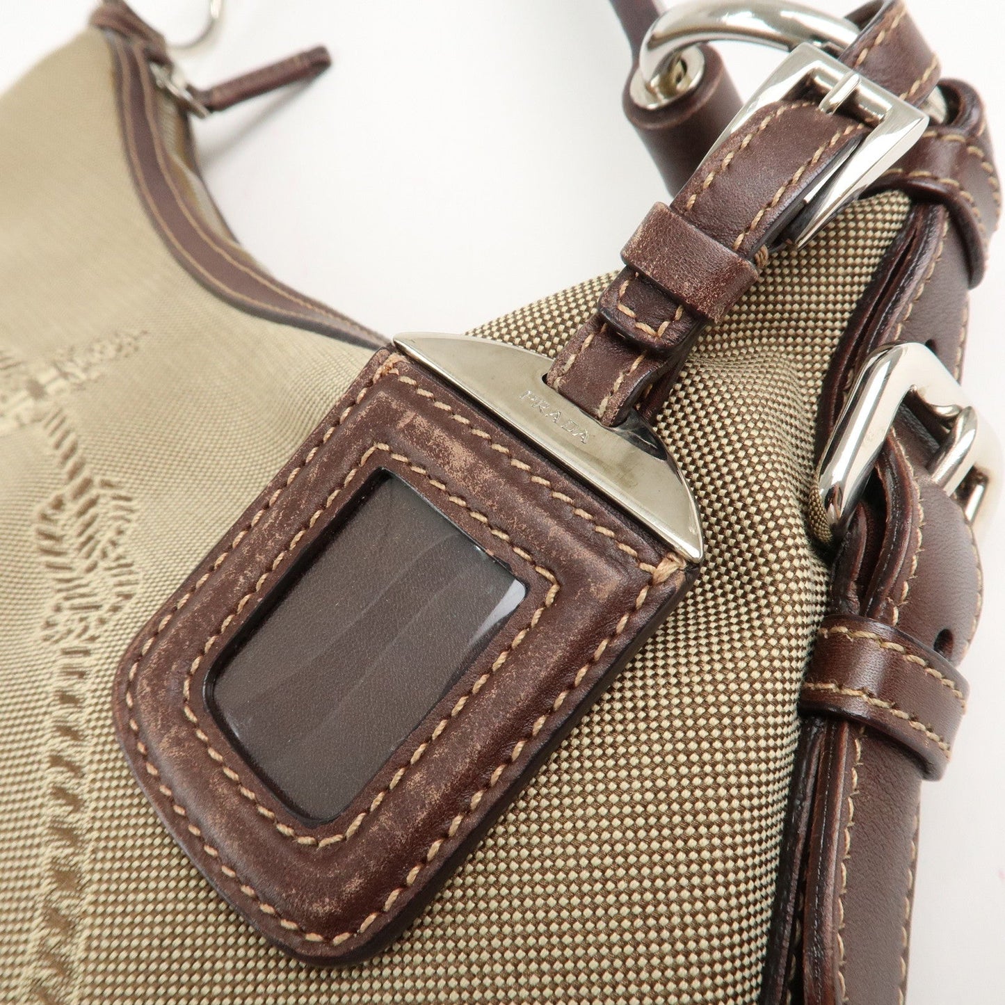 PRADA Logo Jacquard Leather Shoulder Bag Beige Brown  d