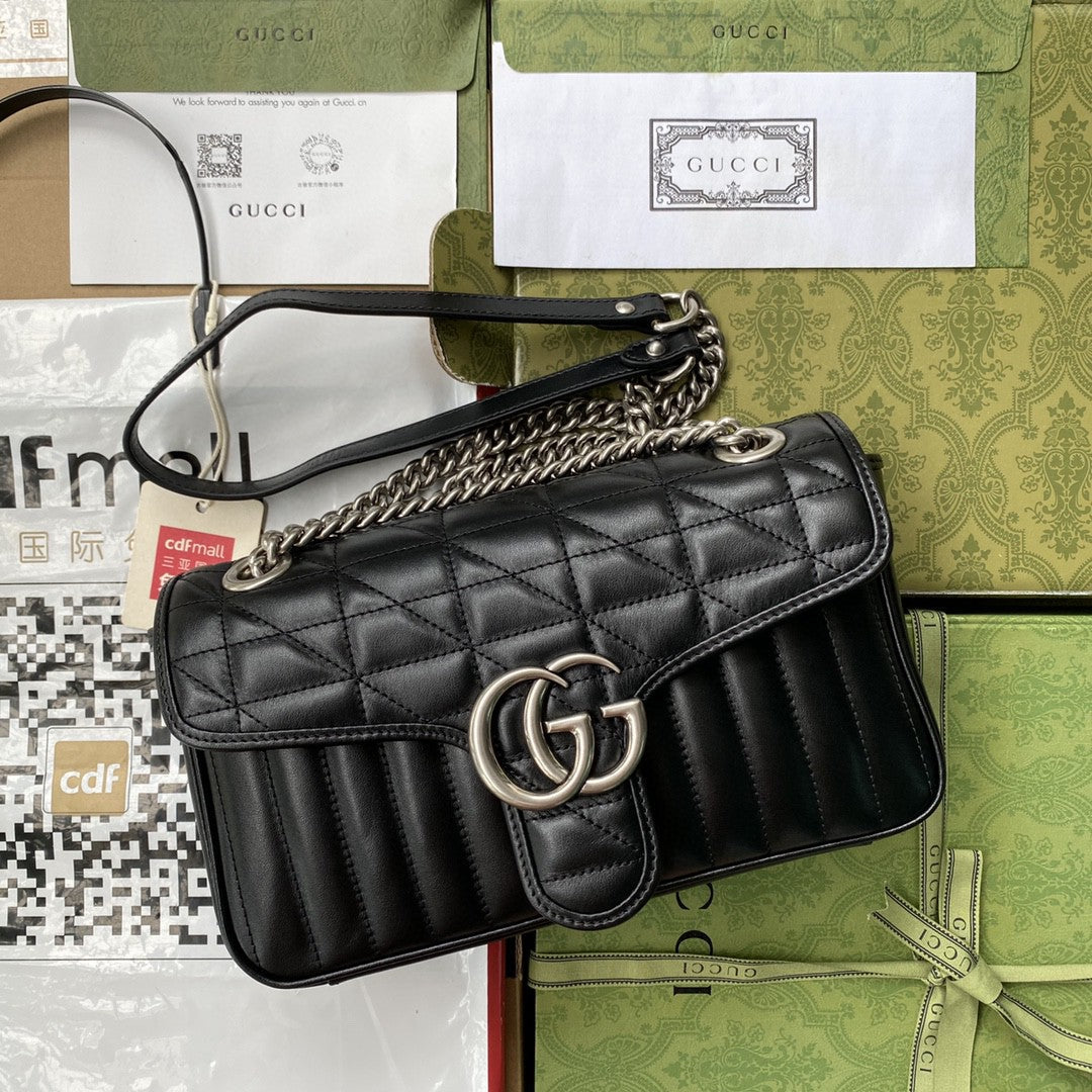 gg Marmont Small Shoulder Bag Black Matelassé For Women  10in/26cm 443497 UM8AN 1000
