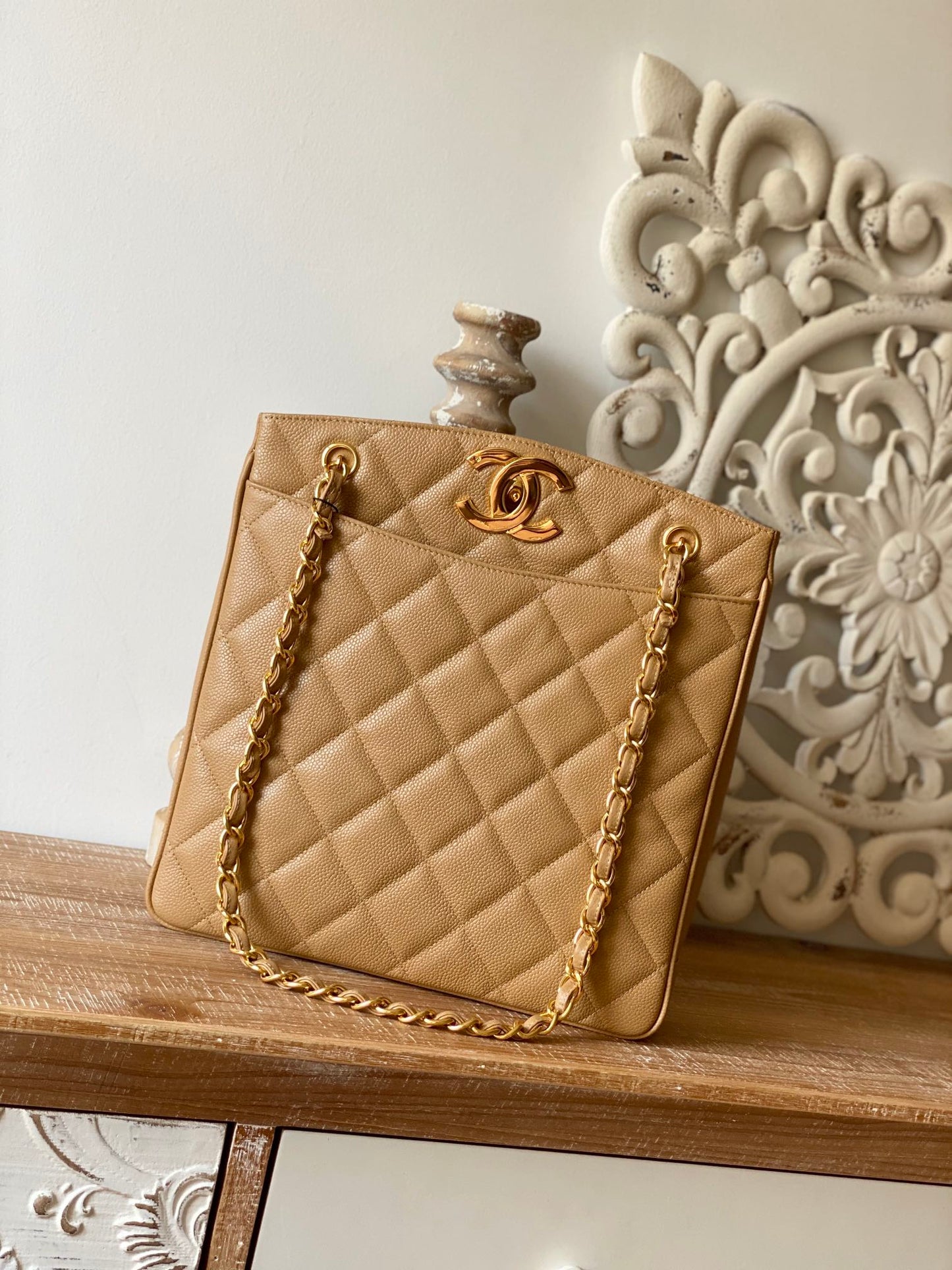 CHL Beige Large Quilted Caviar Tote Bag For Women 28cm/11in