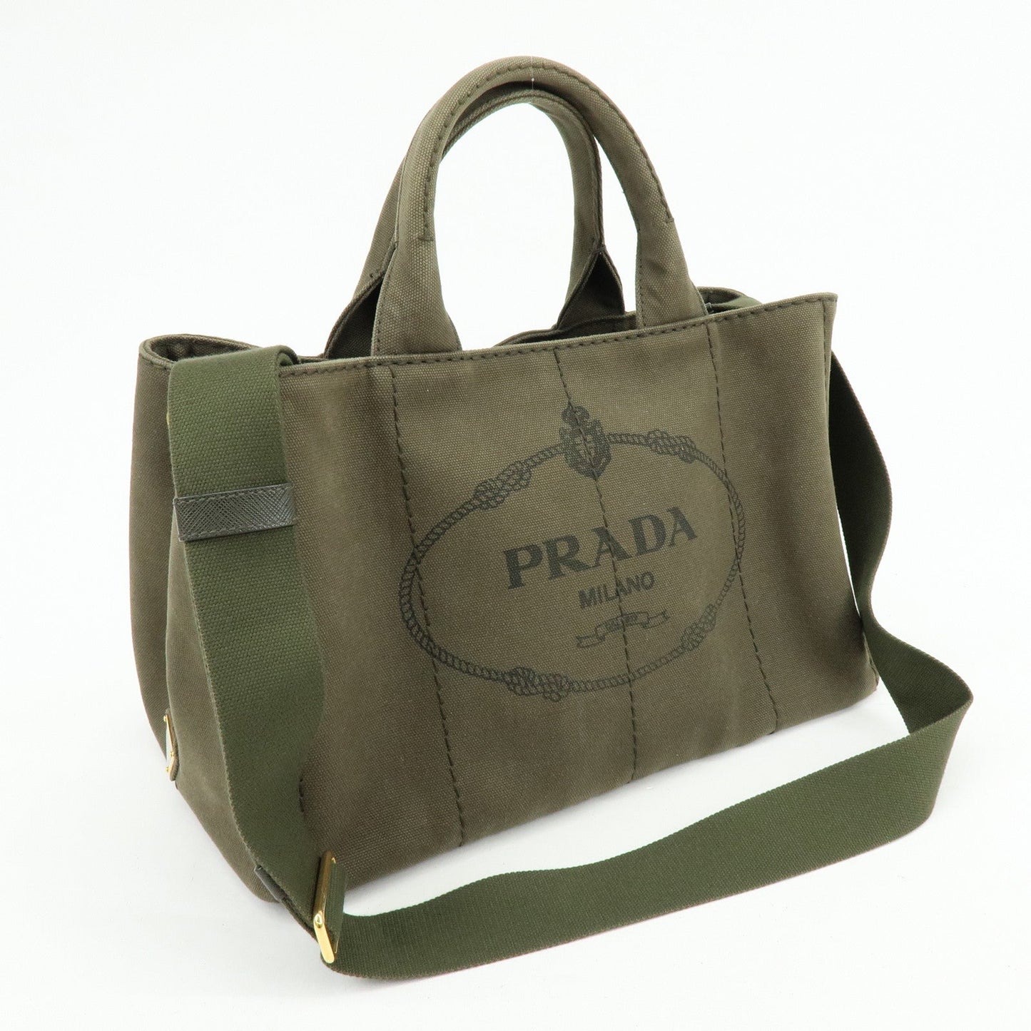 PRADA Logo Canapa Canvas Tote Bag Hand Bag Khaki 1BG642