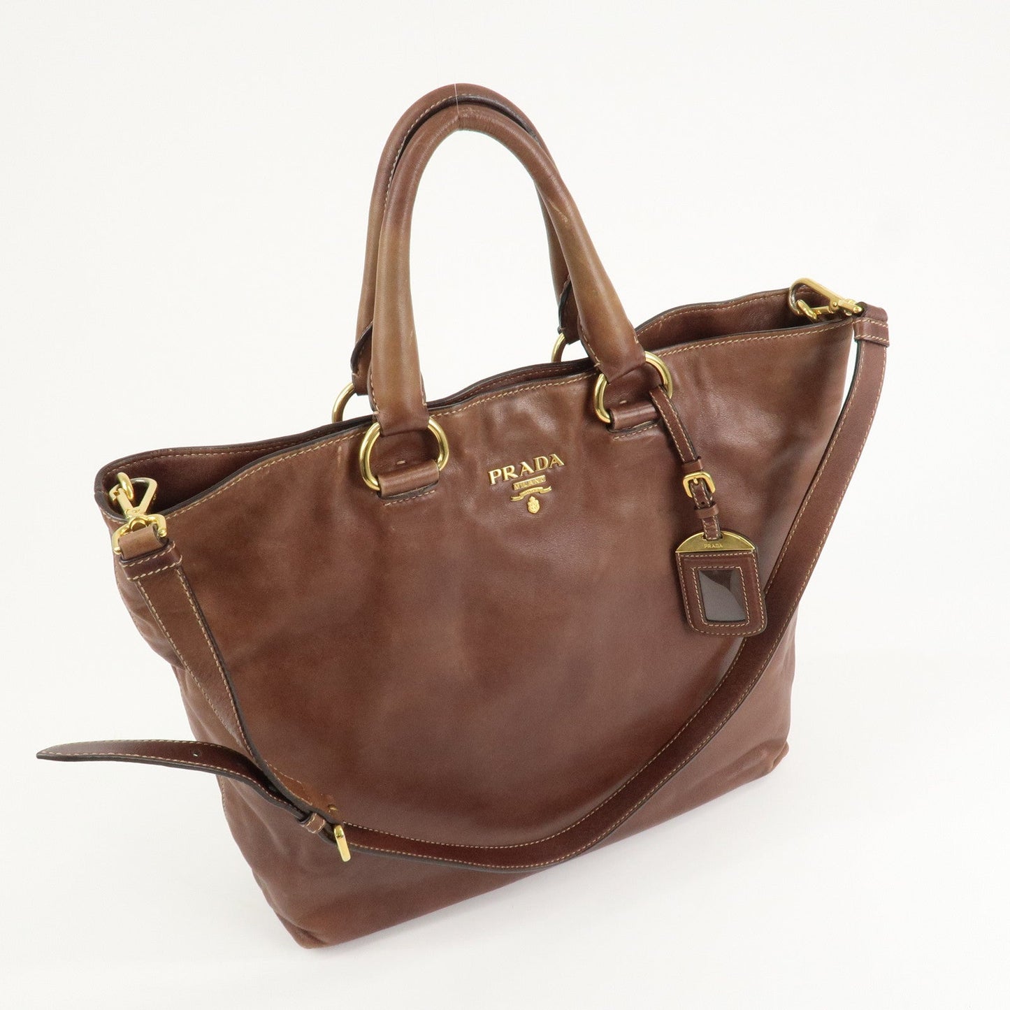 PRADA Logo Leather 2way Shoulder Bag Tote Bag Gold HDW Brown  d
