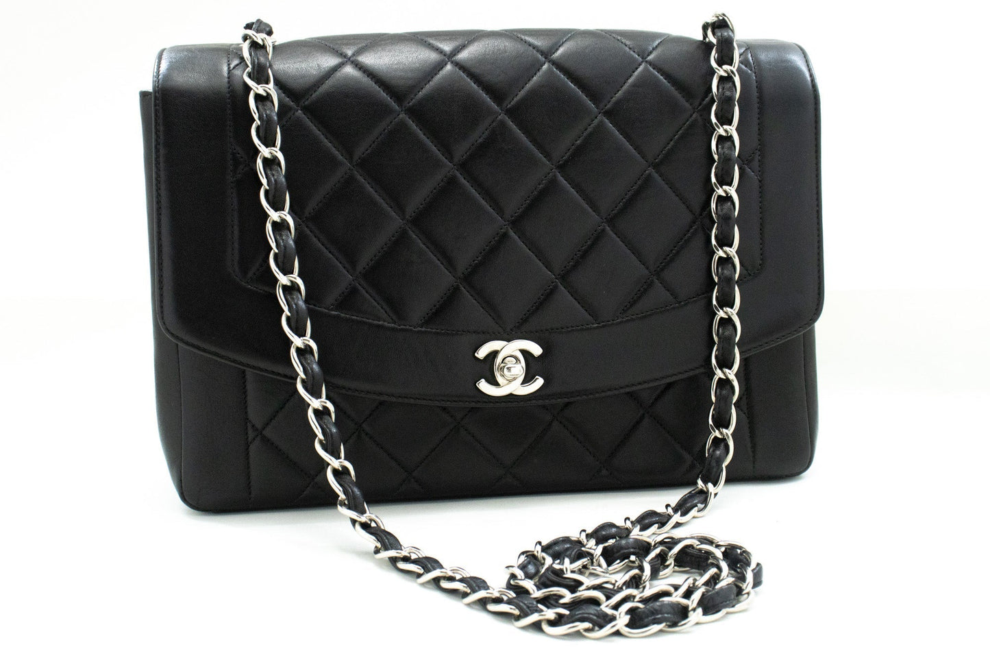 CHANEL Diana Flap Large Silver Chain Shoulder Bag Black Quilted