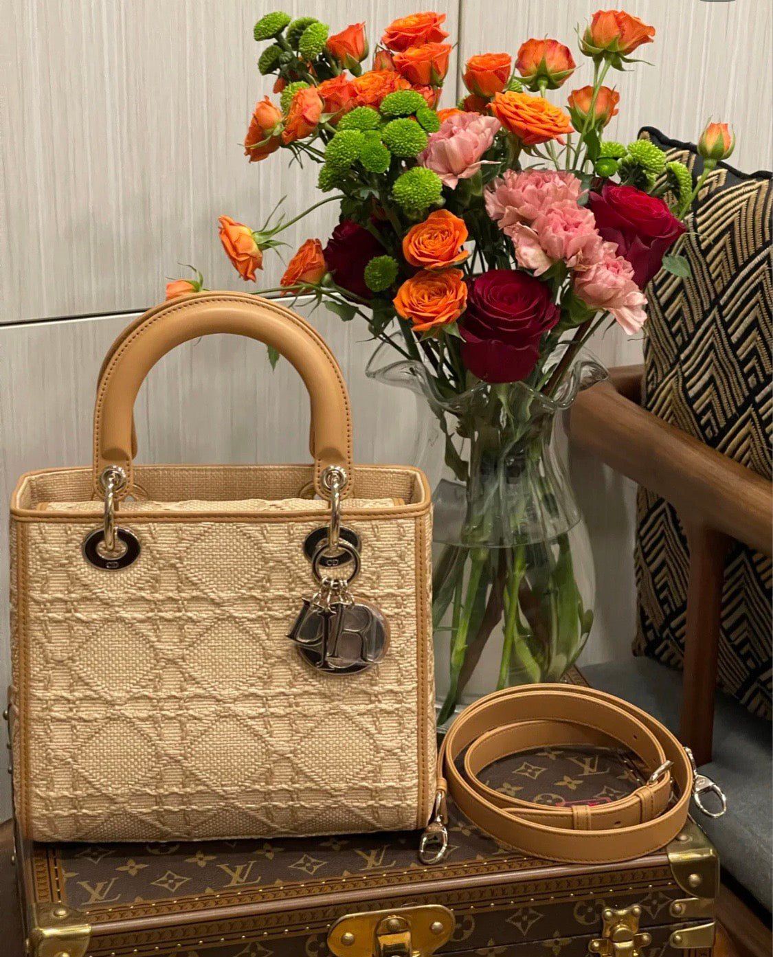 Top Quality MeTop Qualityum Lady Bag Natural Cannage Raffia, Brown Handbags, 24cm CD M0565OMBD_M925