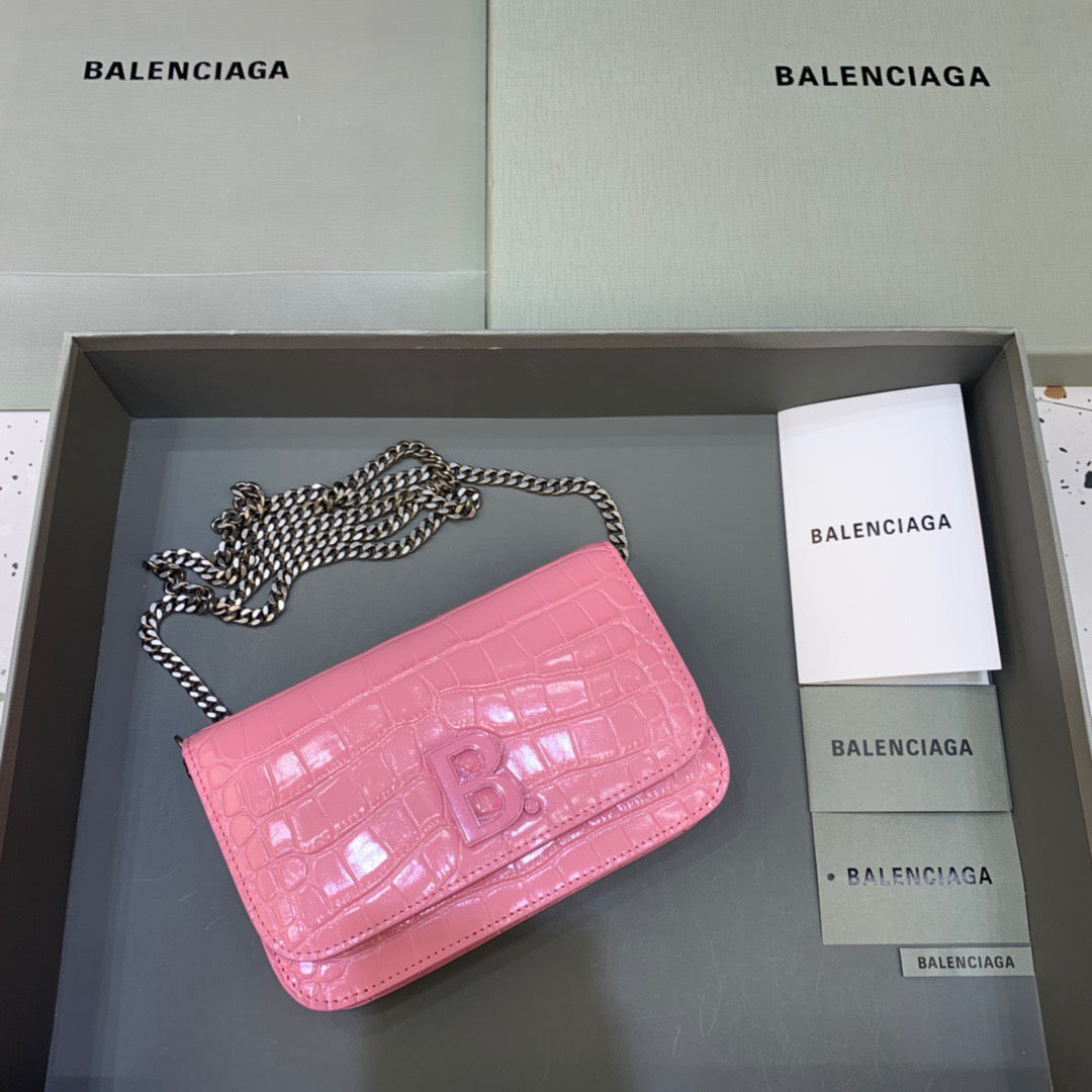 Top Quality Croc Embossed Patent B Bag With Chain In Pink, For Women,  Bags 7.9in/20cm