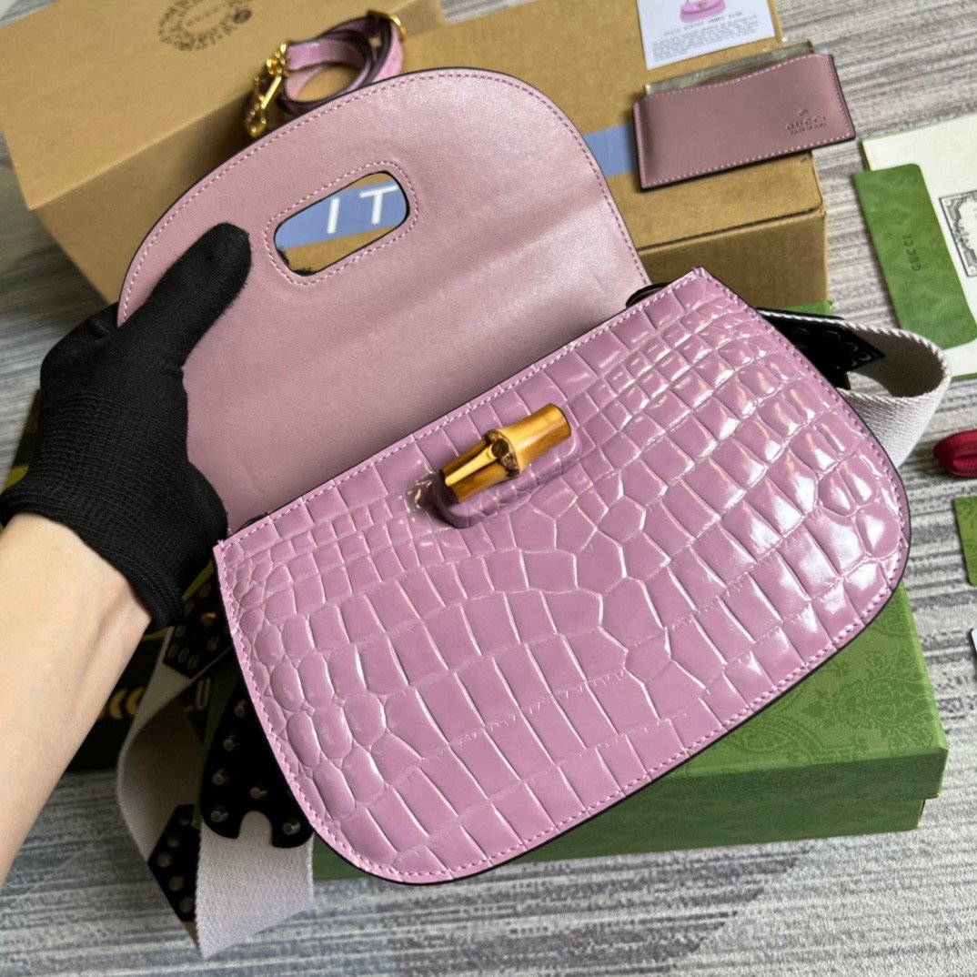 gg Bamboo 1947 Crocodile Top Handle Bag Pink For Women, Women’s Bags 10in/26cm gg