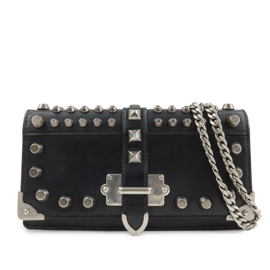 PRADA Leather Studs Chain Wallet Chain Bag Black  d