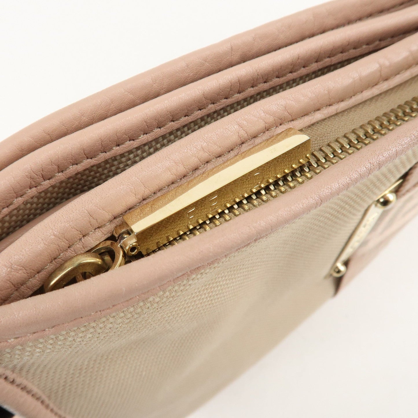 FENDI Logo Canvas Leather Shoulder Bag Beige Pink 8BT084  d